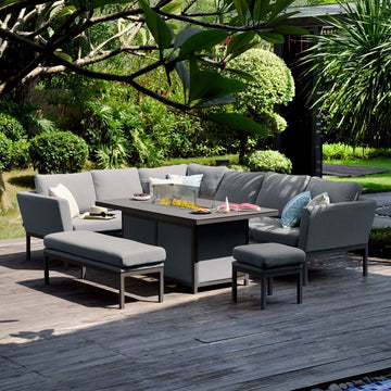 Maze - Outdoor Fabric Pulse Rectangular Corner Dining Set with Fire Pit Table - Flanelle - Blythe Living