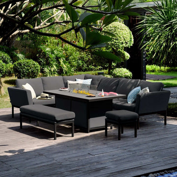 Maze - Outdoor Fabric Pulse Rectangular Corner Dining Set with Fire Pit Table - Charcoal - Blythe Living
