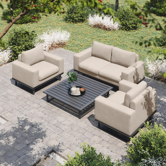 Maze - Outdoor Fabric Ethos 2 Seat Sofa Set - Oatmeal with Square Coffee Table - Blythe Living