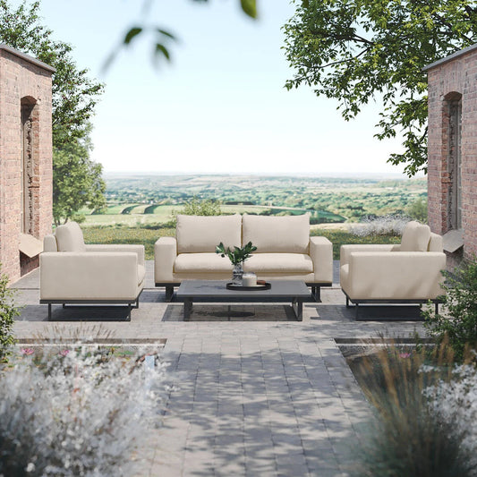 Maze - Outdoor Fabric Ethos 2 Seat Sofa Set - Oatmeal with Square Coffee Table - Blythe Living