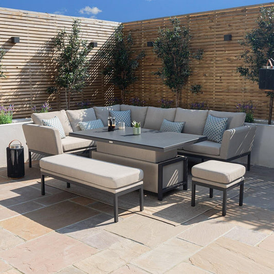 Maze - Outdoor Fabric Pulse Rectangular Corner Dining Set with Rising Table - Oatmeal - Blythe Living