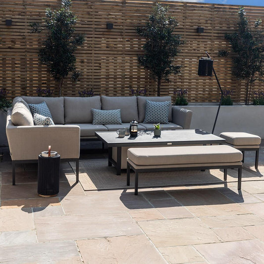 Maze - Outdoor Fabric Pulse Rectangular Corner Dining Set with Rising Table - Oatmeal - Blythe Living