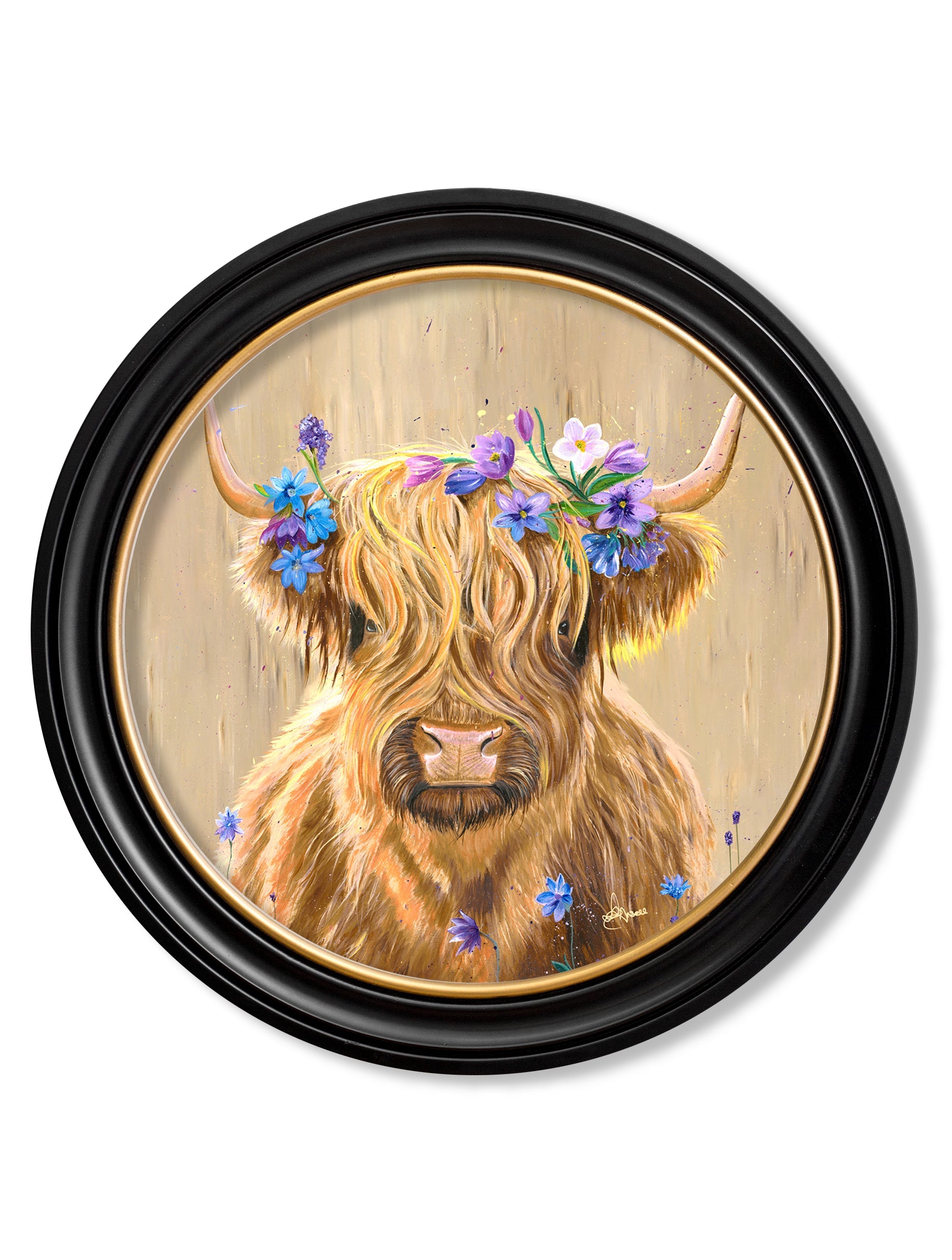 Highland Cow Print 'Flower Girl' by Amy Ansell - Oxford Round Frame - Blythe Living