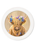 Highland Cow Print 'Flower Girl' by Amy Ansell - Strong White Round Frame - Blythe Living