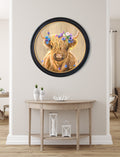 Highland Cow Print 'Flower Girl' by Amy Ansell - Oxford Round Frame - Blythe Living