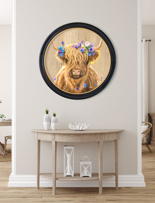 Highland Cow Print 'Flower Girl' by Amy Ansell - Oxford Round Frame - Blythe Living