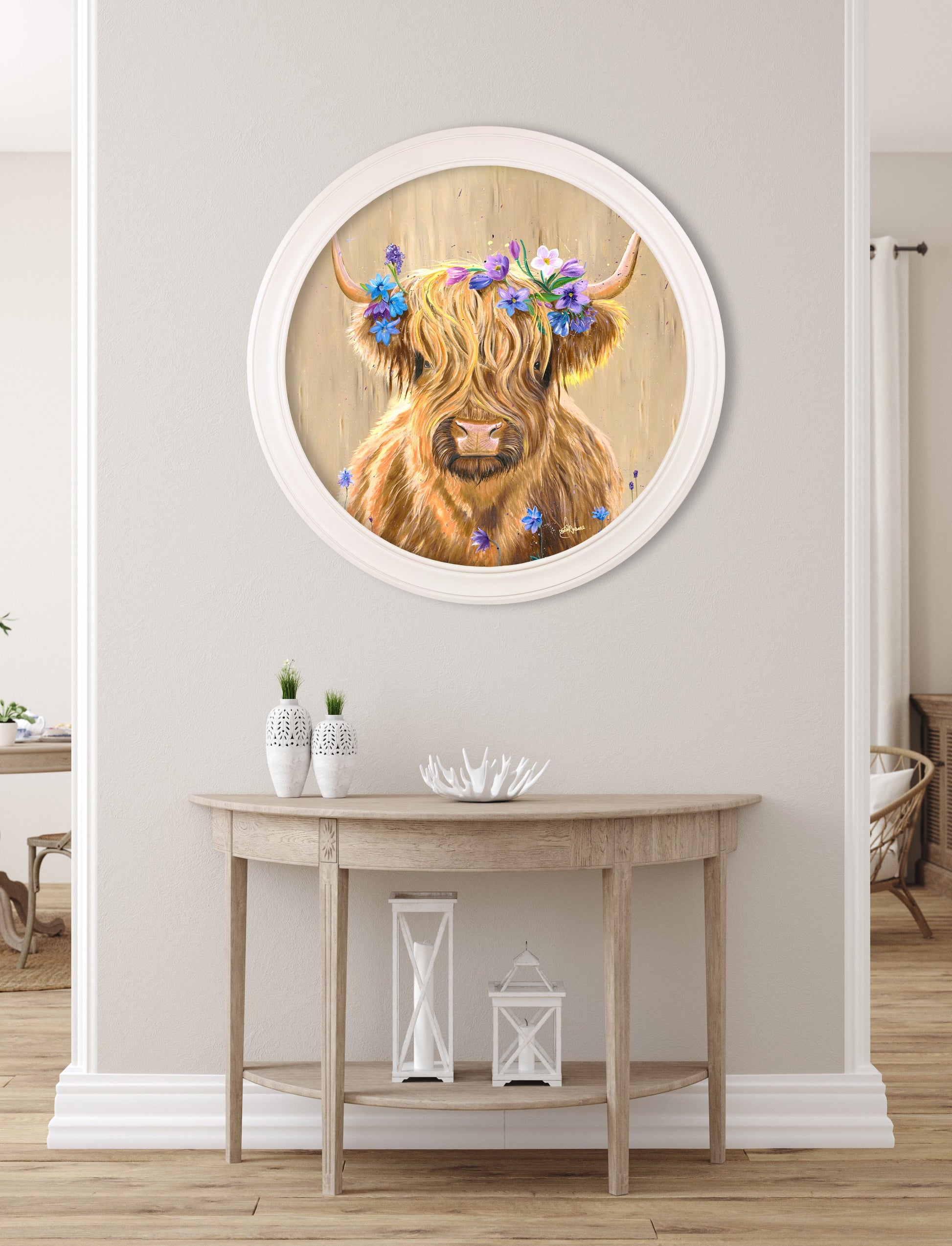 Highland Cow Print 'Flower Girl' by Amy Ansell - Strong White Round Frame - Blythe Living