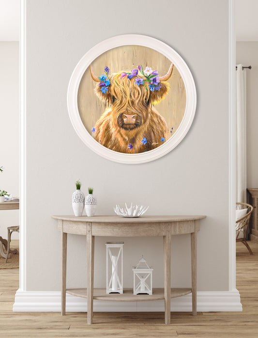 Highland Cow Print 'Flower Girl' by Amy Ansell - Strong White Round Frame - Blythe Living