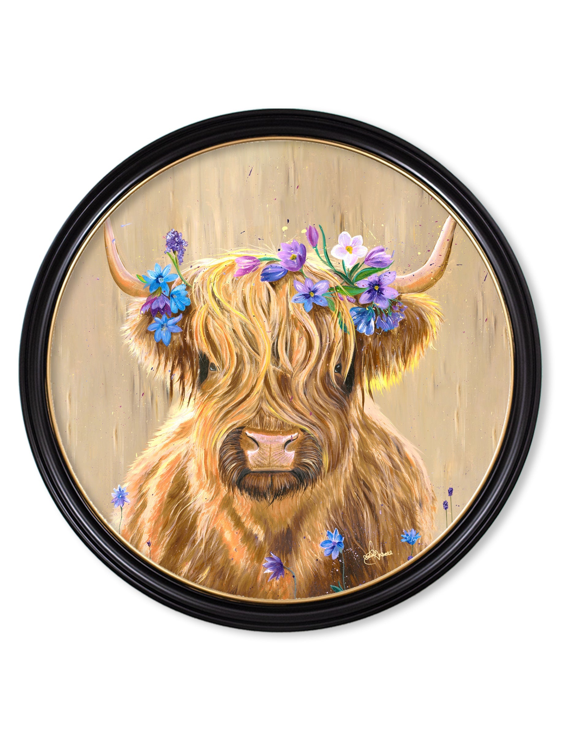 Highland Cow Print 'Flower Girl' by Amy Ansell - Oxford Round Frame - Blythe Living