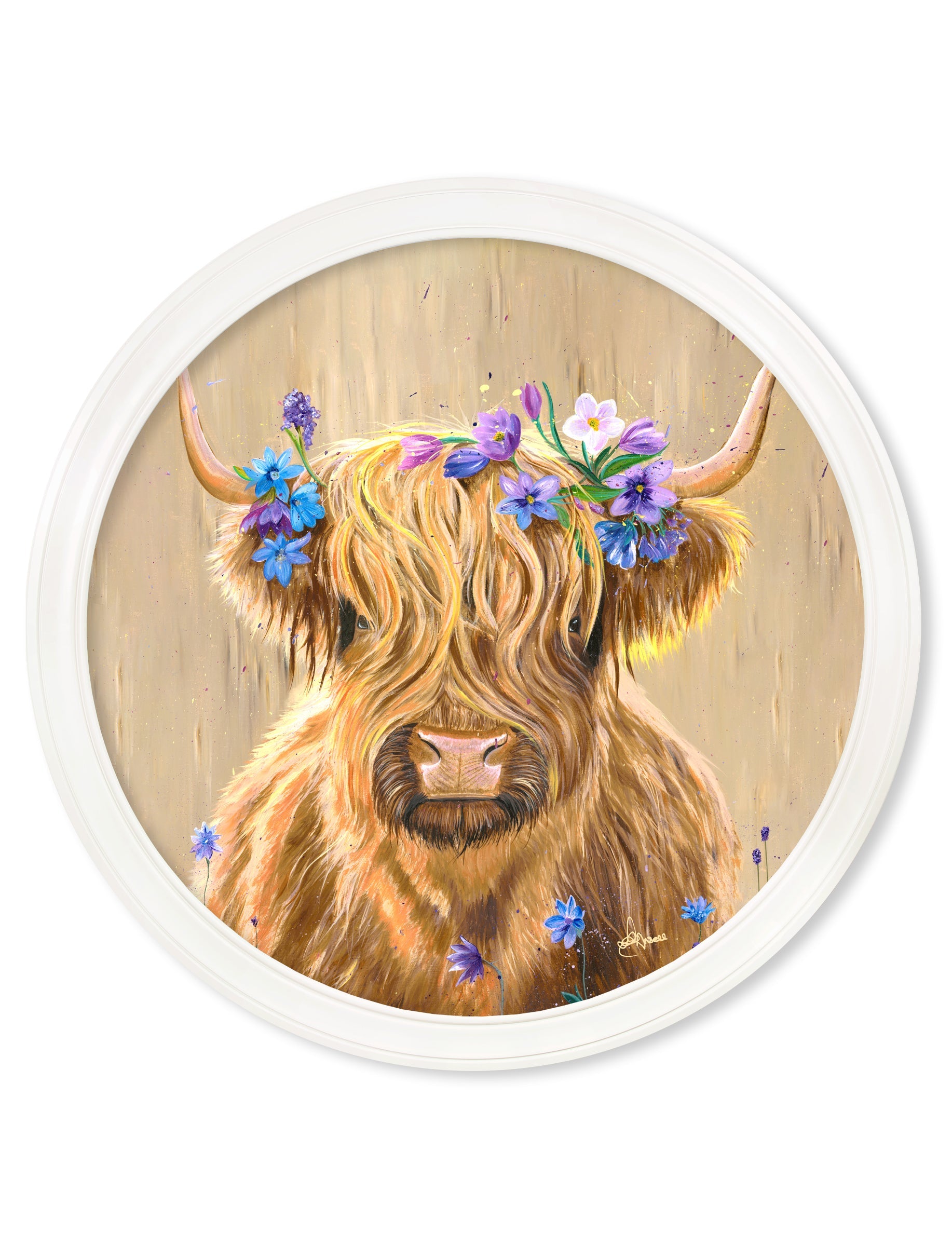 Highland Cow Print 'Flower Girl' by Amy Ansell - Strong White Round Frame - Blythe Living