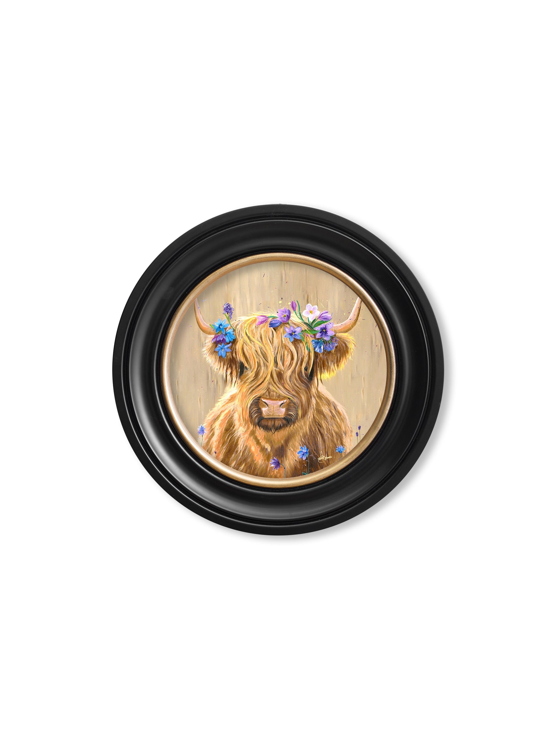 Highland Cow Print 'Flower Girl' by Amy Ansell - Oxford Round Frame - Blythe Living