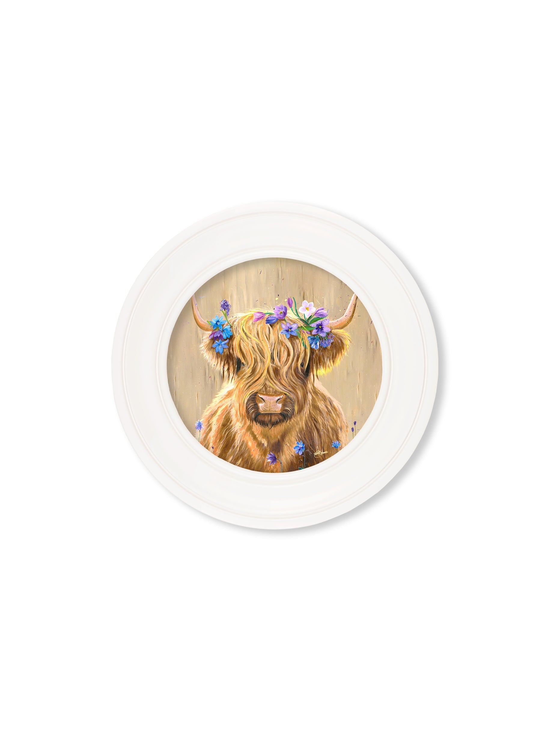 Highland Cow Print 'Flower Girl' by Amy Ansell - Strong White Round Frame - Blythe Living