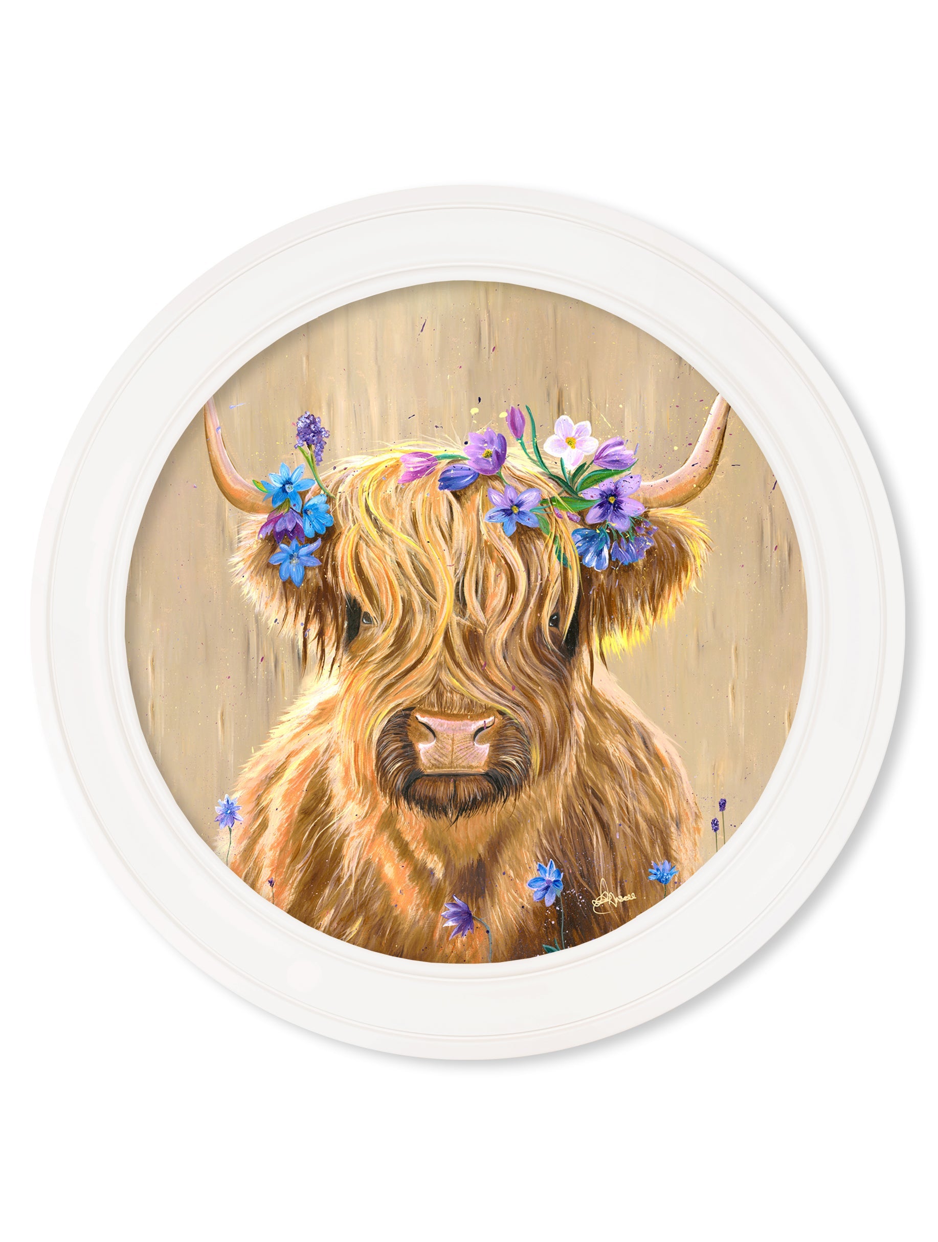 Highland Cow Print 'Flower Girl' by Amy Ansell - Strong White Round Frame - Blythe Living