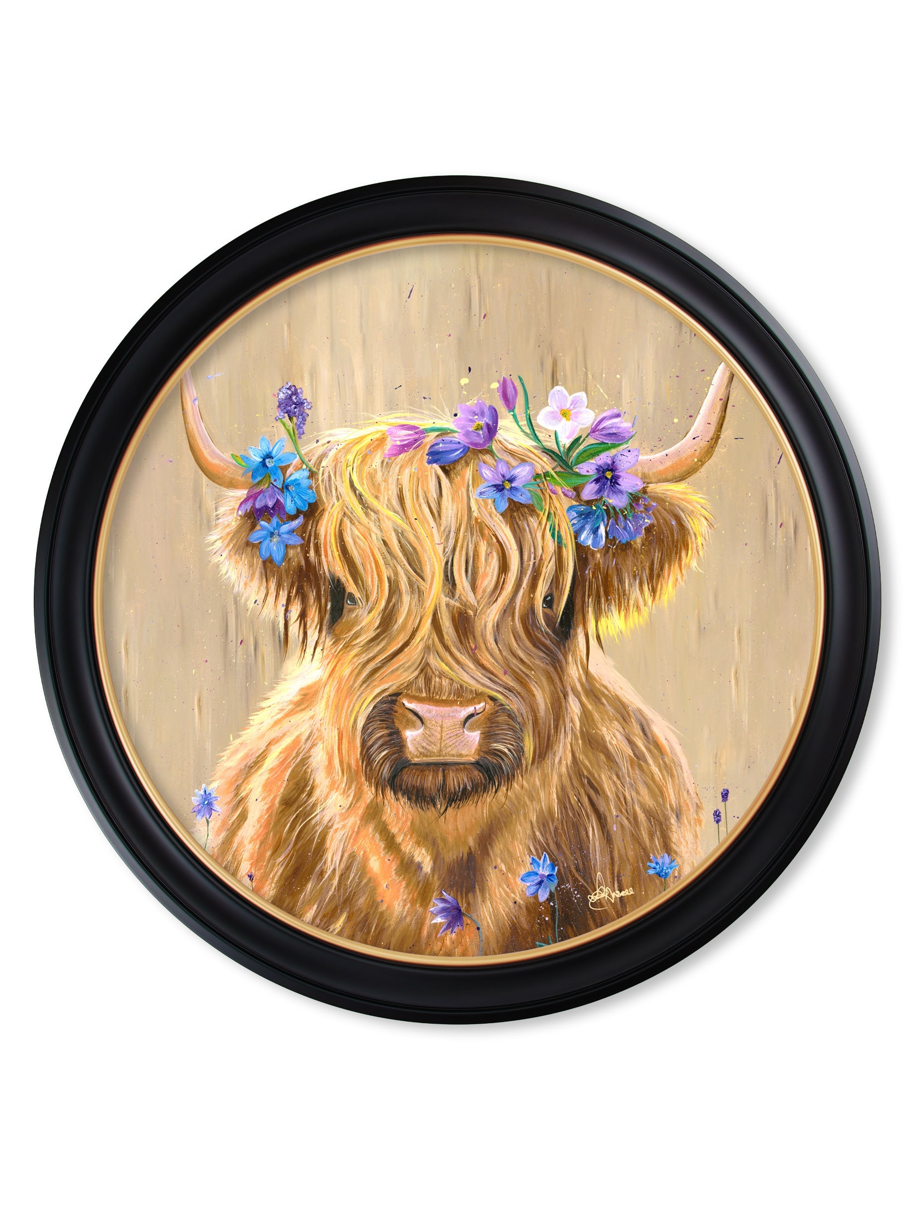 Highland Cow Print 'Flower Girl' by Amy Ansell - Oxford Round Frame - Blythe Living