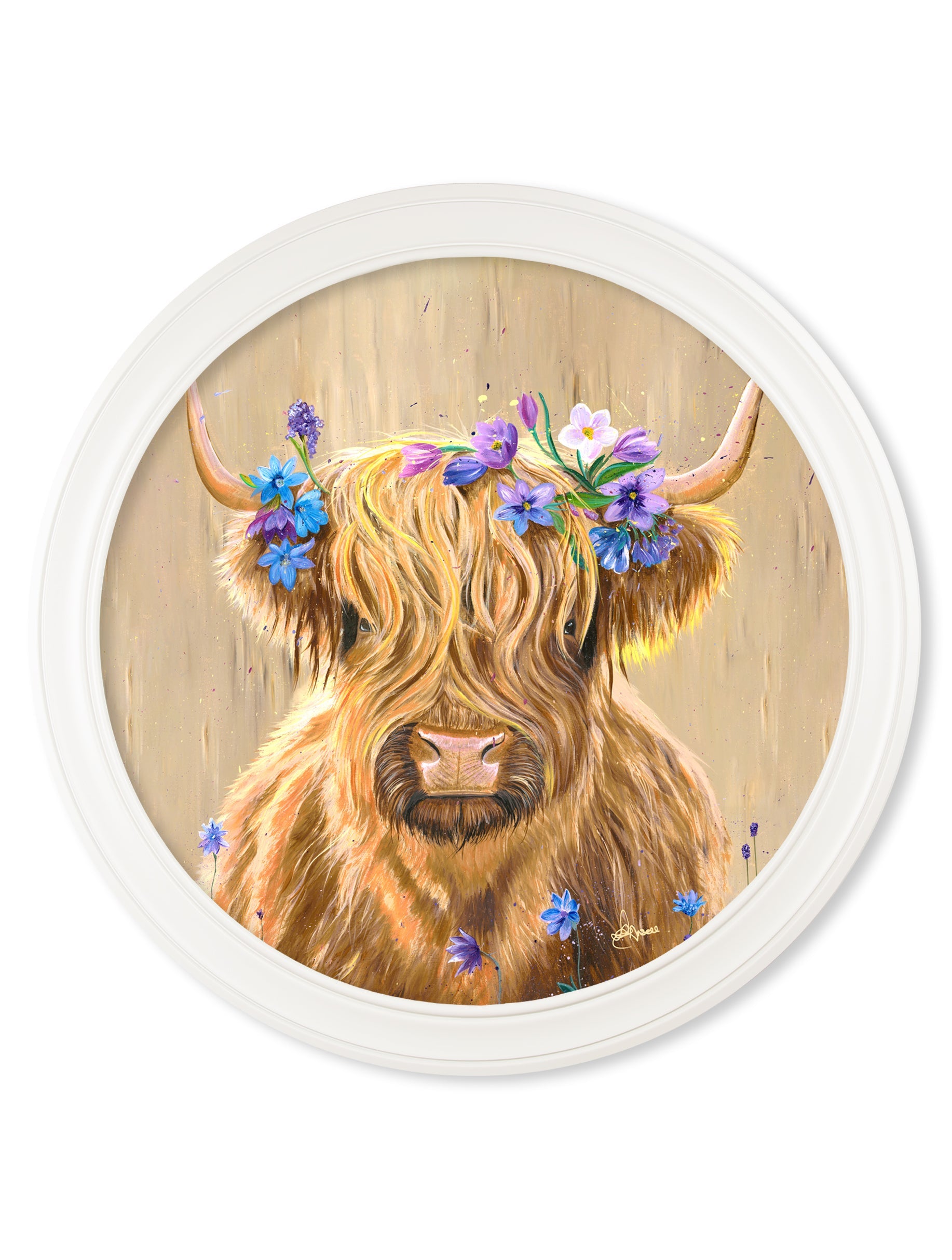 Highland Cow Print 'Flower Girl' by Amy Ansell - Strong White Round Frame - Blythe Living