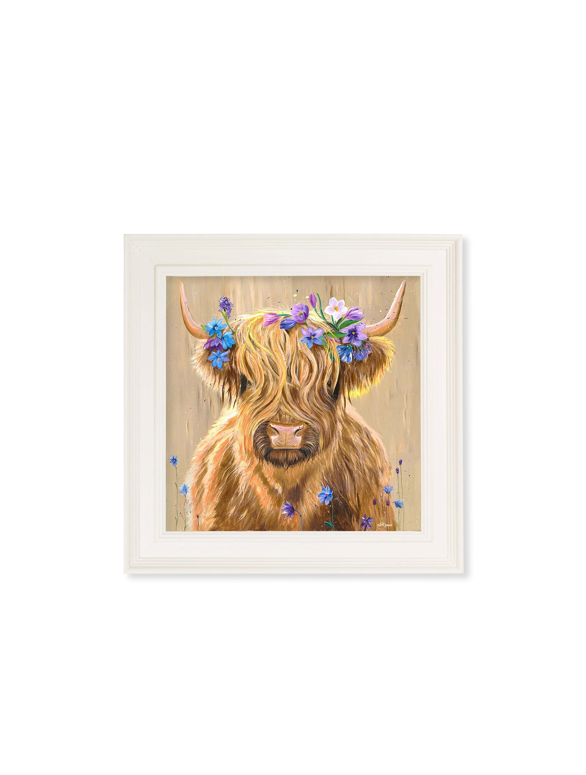 Highland Cow Print 'Flower Girl' by Amy Ansell - Cream Square Frame - Blythe Living