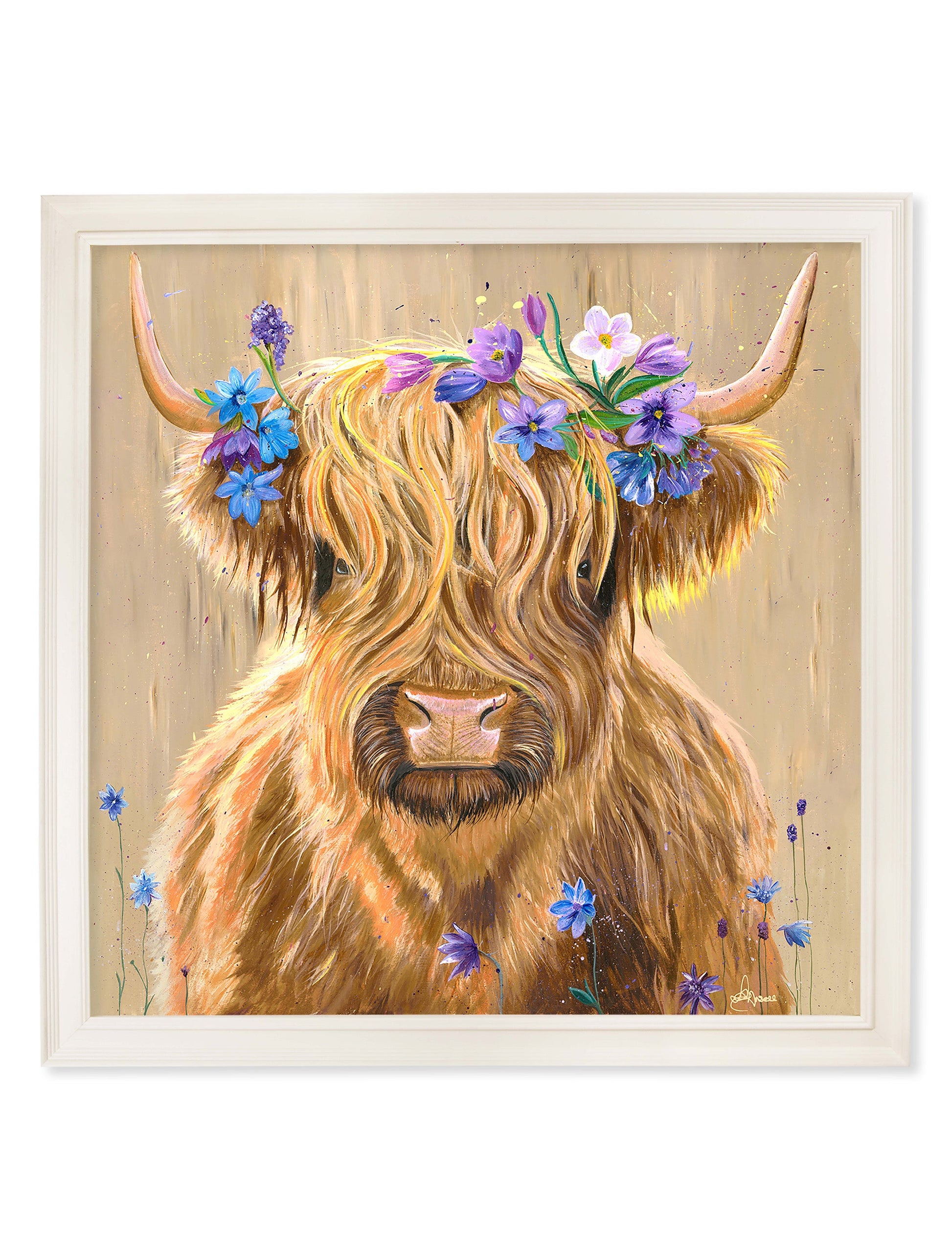 Highland Cow Print 'Flower Girl' by Amy Ansell - Cream Square Frame - Blythe Living