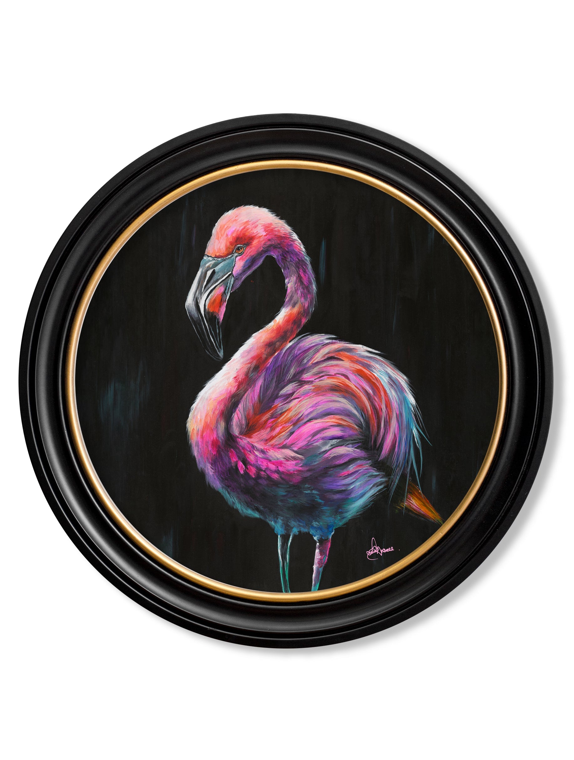 Flamingo Print 'Florrie' by Amy Ansell - Oxford Round Frame - Blythe Living