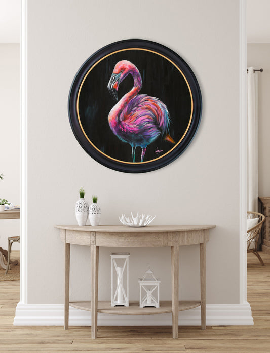 Flamingo Print 'Florrie' by Amy Ansell - Oxford Round Frame - Blythe Living