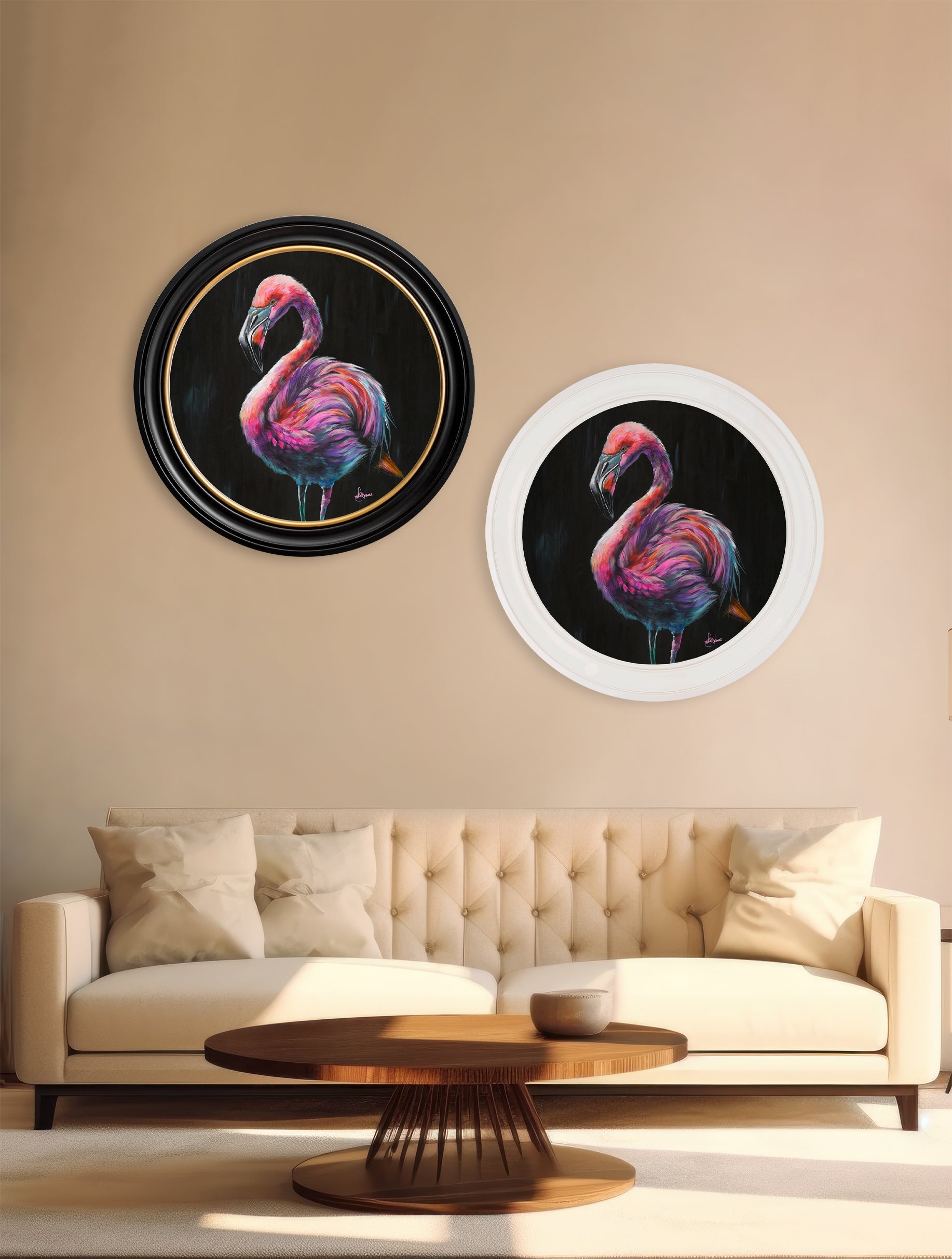 Flamingo Print 'Florrie' by Amy Ansell - Oxford Round Frame - Blythe Living