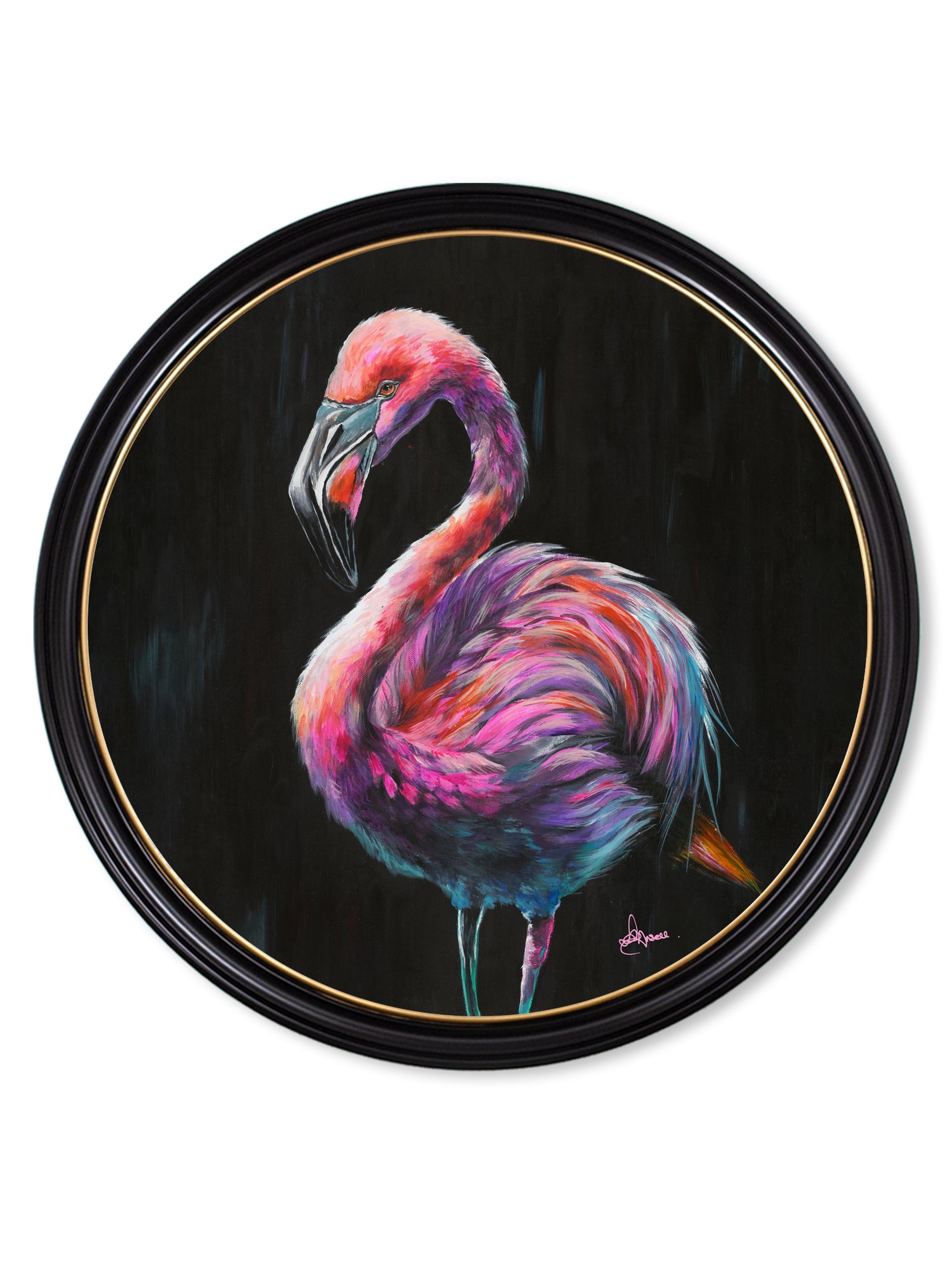 Flamingo Print 'Florrie' by Amy Ansell - Oxford Round Frame - Blythe Living