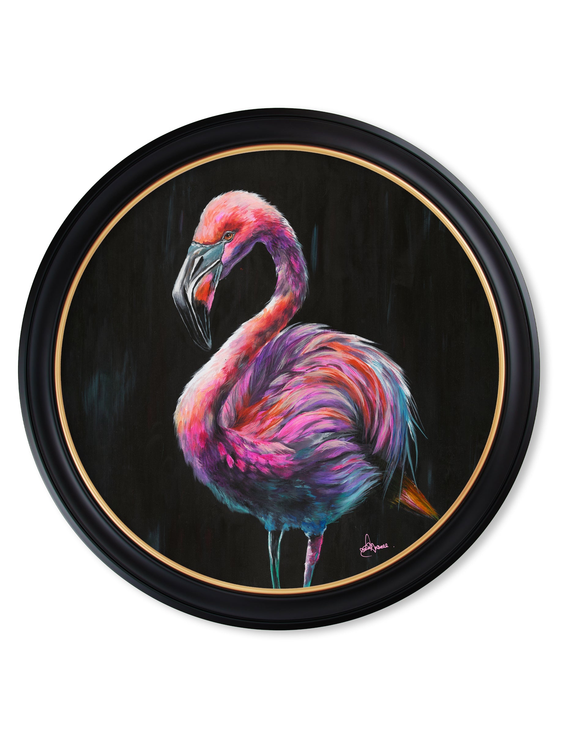 Flamingo Print 'Florrie' by Amy Ansell - Oxford Round Frame - Blythe Living