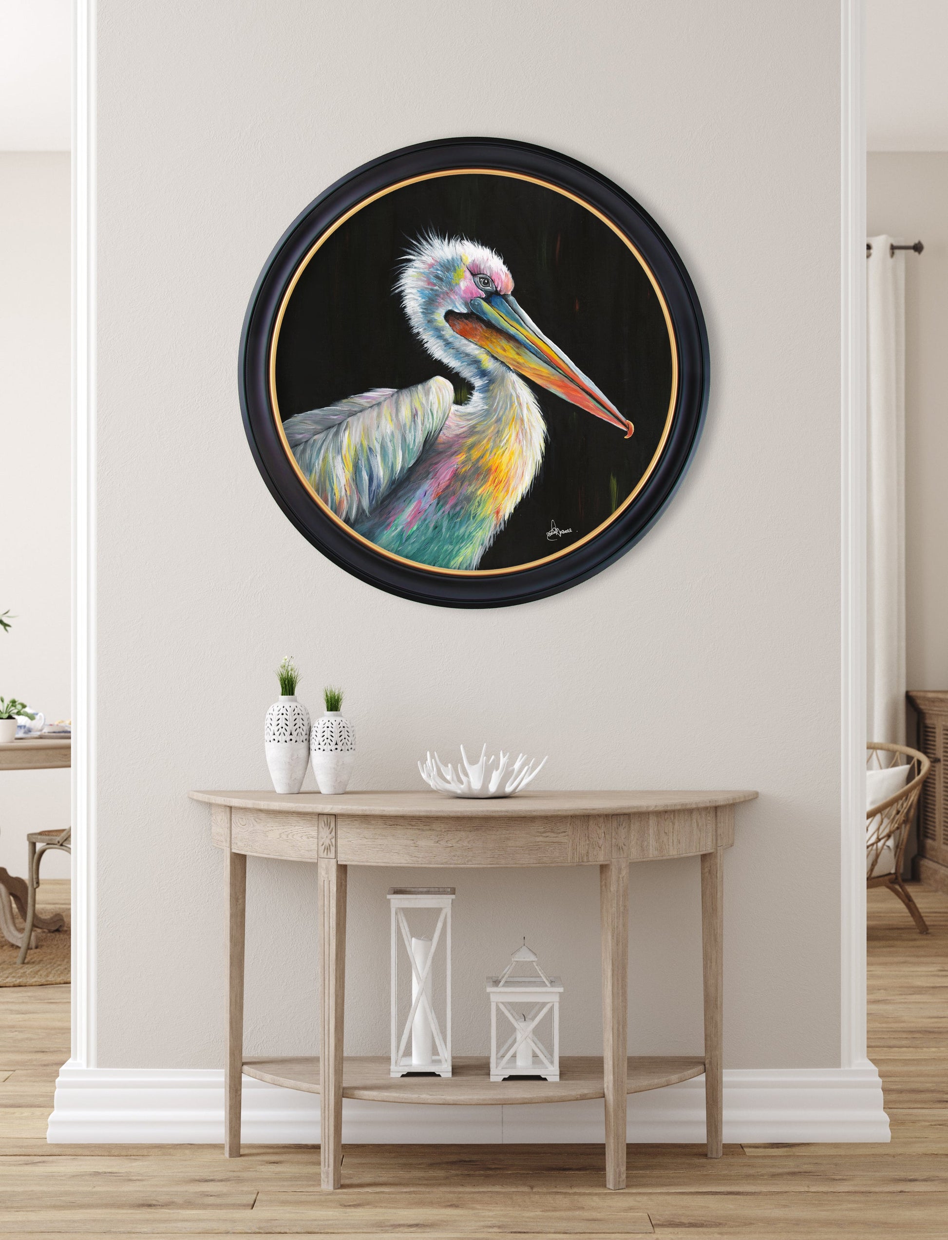 Pelican Print 'Pierre' by Amy Ansell - Oxford Round Frame - Blythe Living