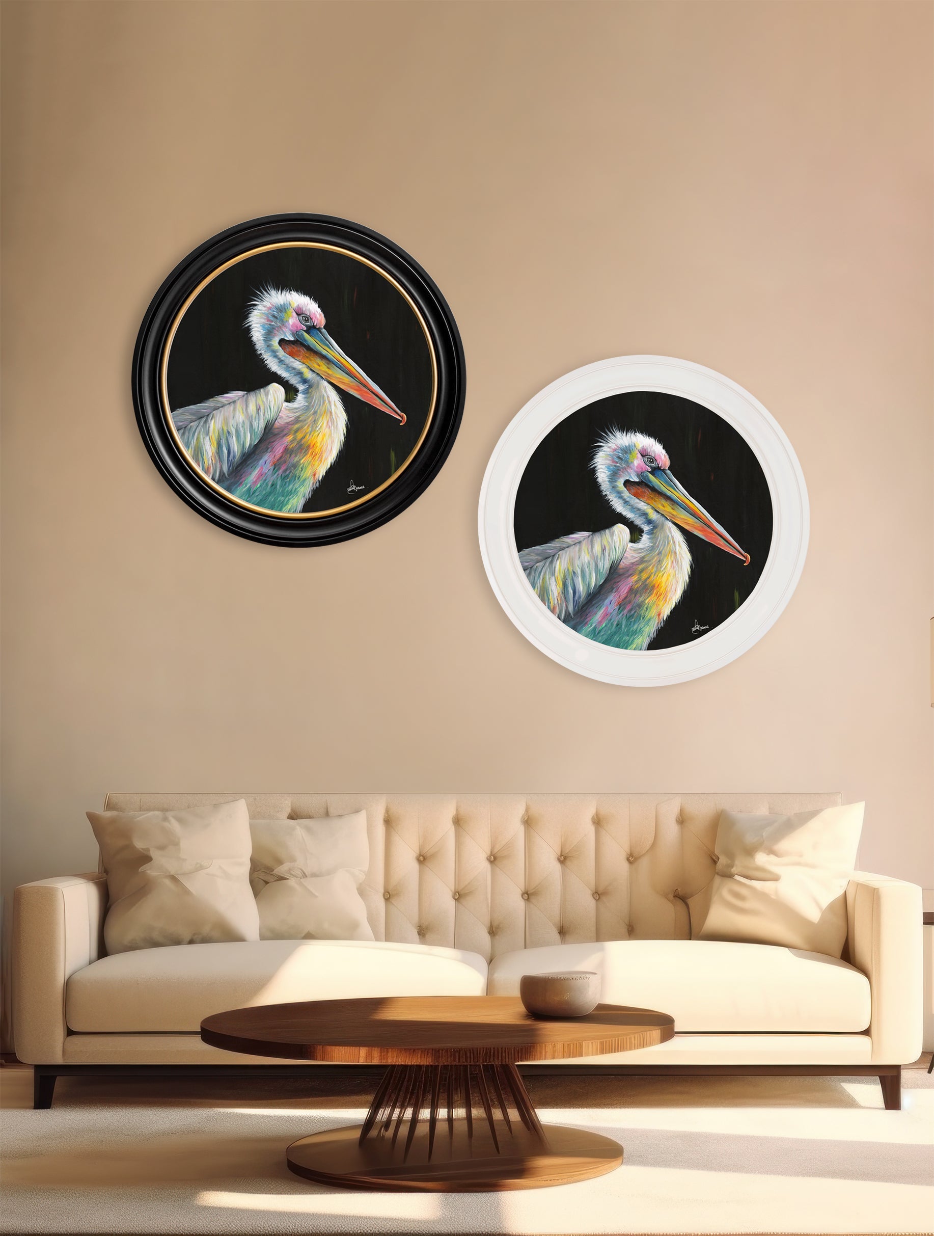 Pelican Print 'Pierre' by Amy Ansell - Oxford Round Frame - Blythe Living