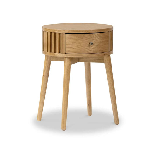 Soho Oak Slatted Round 1 Drawer Side Table - Blythe Living