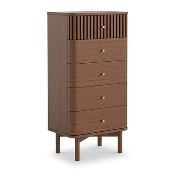 Soho Dark Oak Slatted 5 Drawer Tallboy Chest