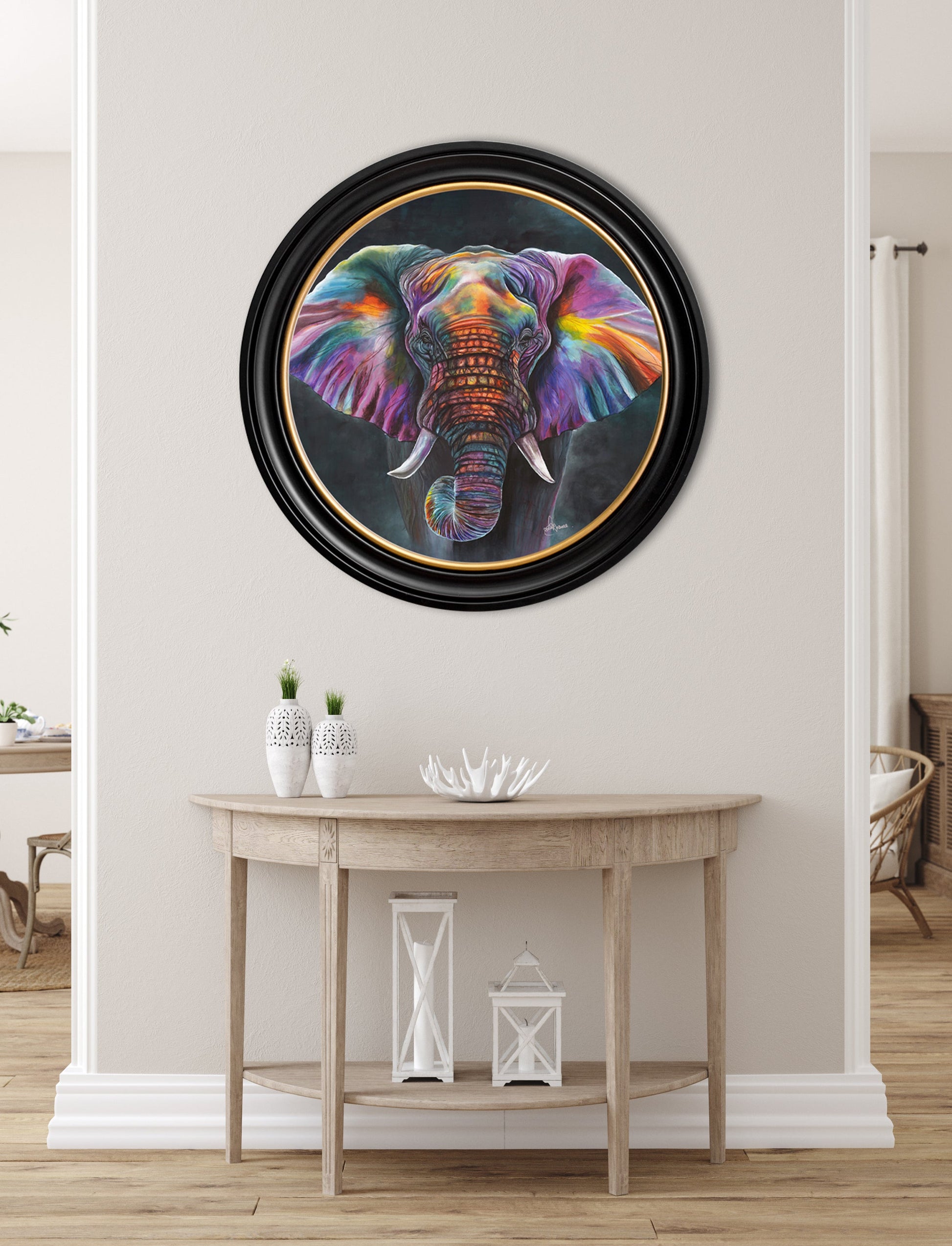Elephant Print 'Wisdom' by Amy Ansell - Oxford Round Frame - Blythe Living