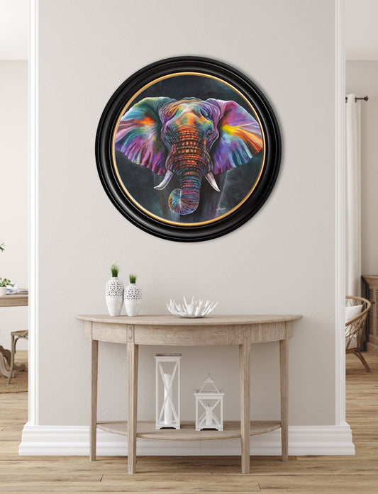 Elephant Print 'Wisdom' by Amy Ansell - Oxford Round Frame - Blythe Living