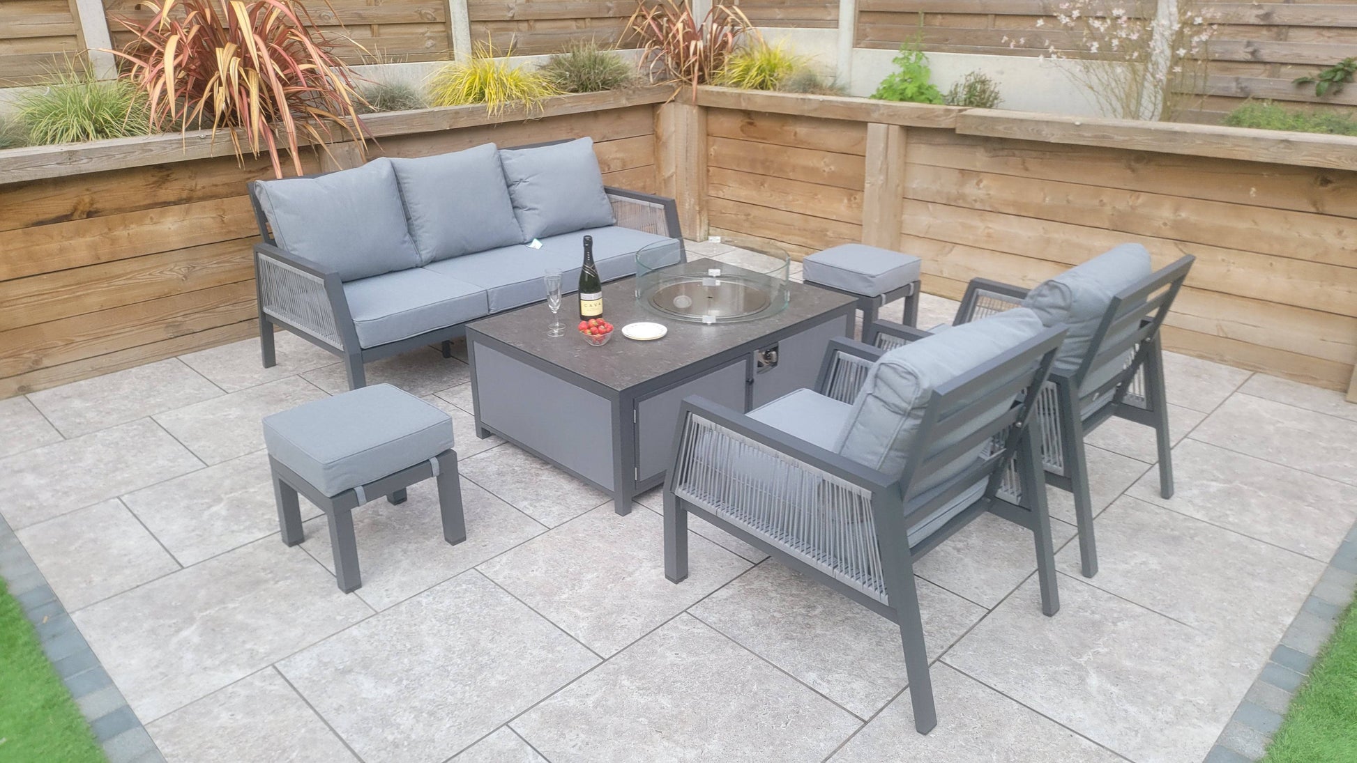 Bettina 3 Seat Sofa + 2 Armchairs & Gas Fire Pit Table - Blythe Living