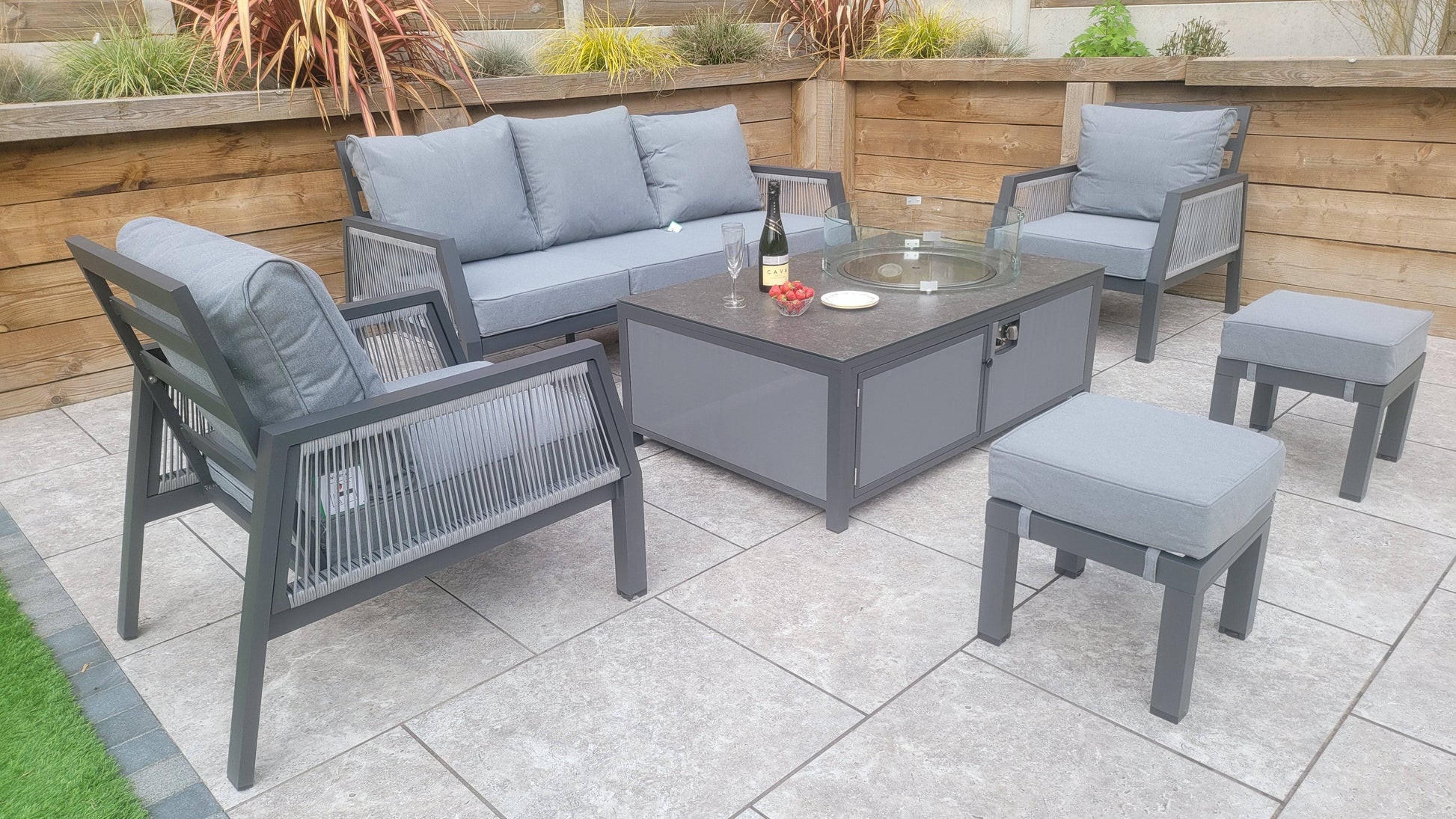 Bettina 3 Seat Sofa + 2 Armchairs & Gas Fire Pit Table - Blythe Living