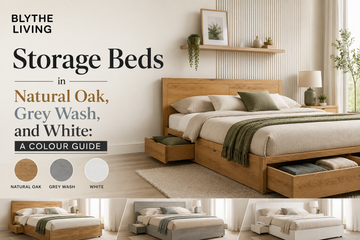 Natural oak, grey wash, and white storage beds