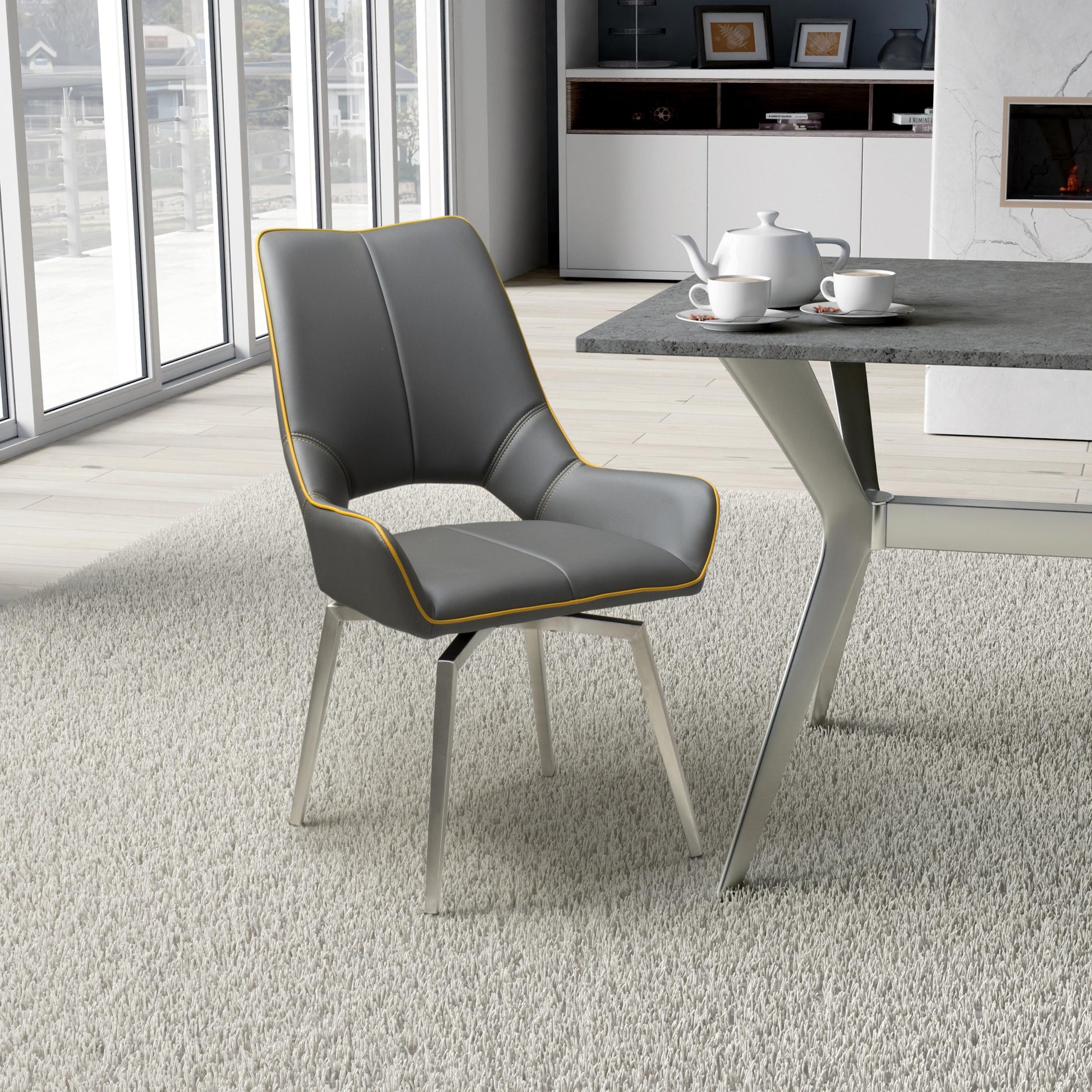 Mako Swivel Leather Effect Graphite Grey Dining Chair - Blythe Living