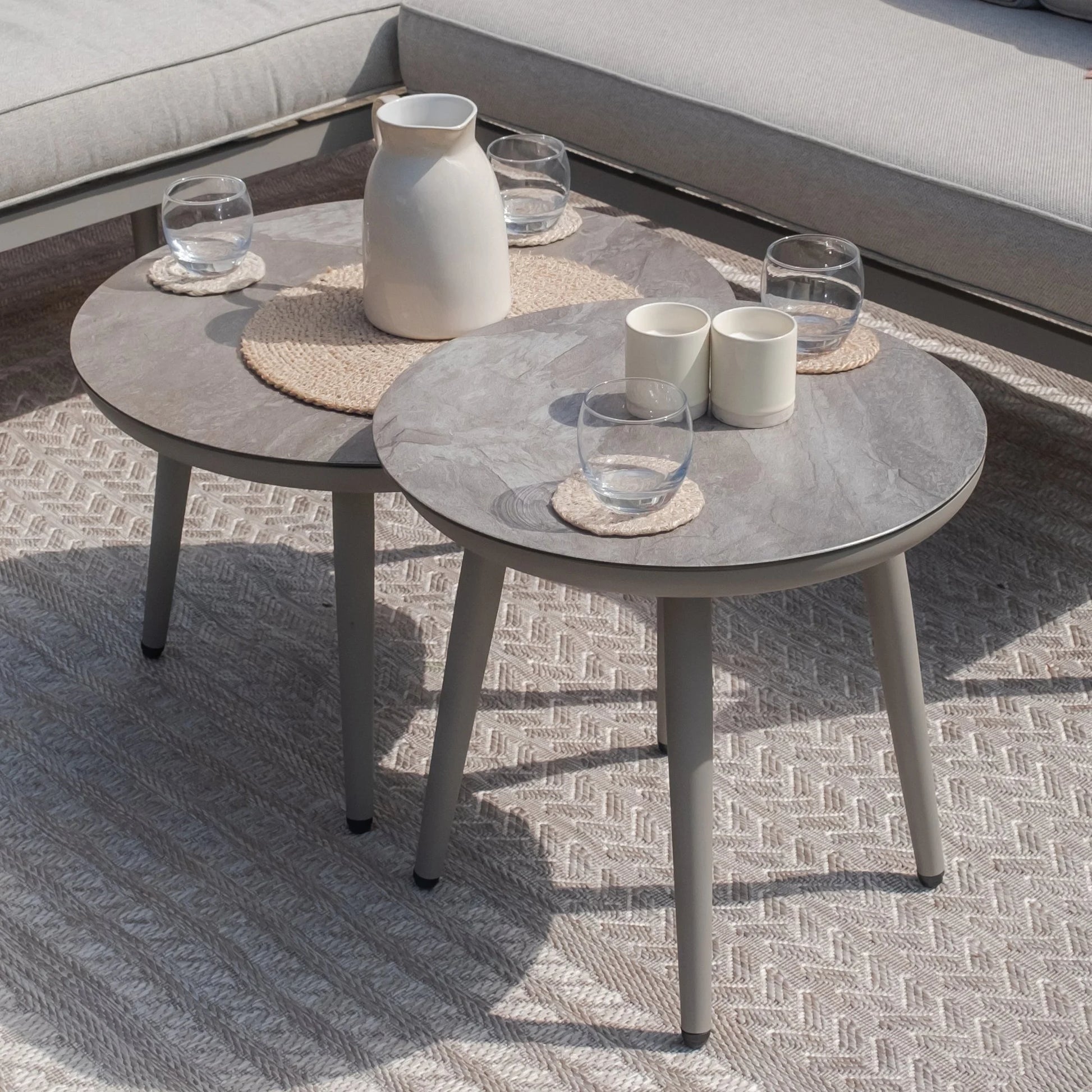Maze - Monaco Rope Weave 2 Seat Sofa Set with Pair of Round Coffee Tables - Cool Linen - Blythe Living
