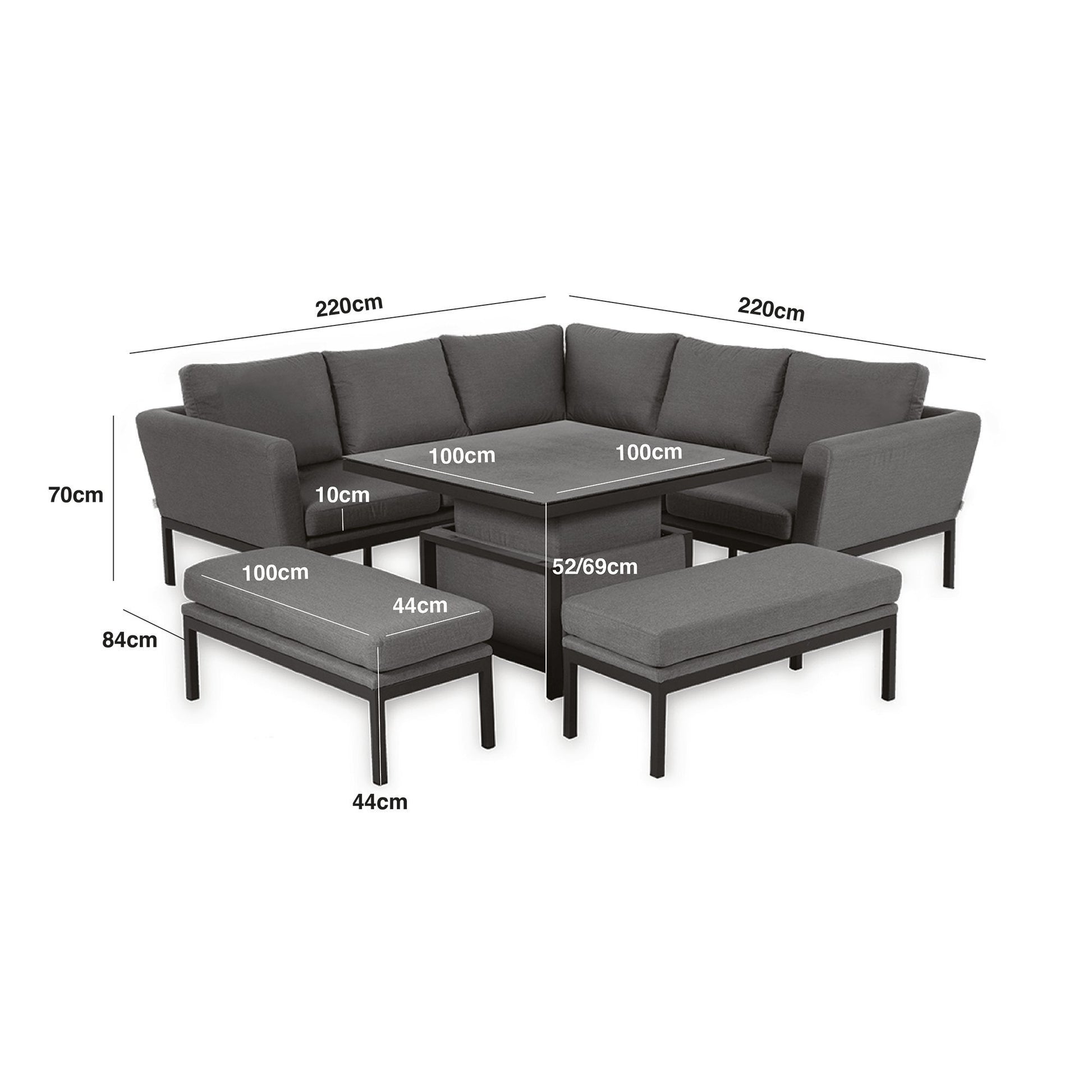 Maze - Outdoor Fabric Pulse Square Corner Dining Set with Rising Table - Flanelle - Blythe Living