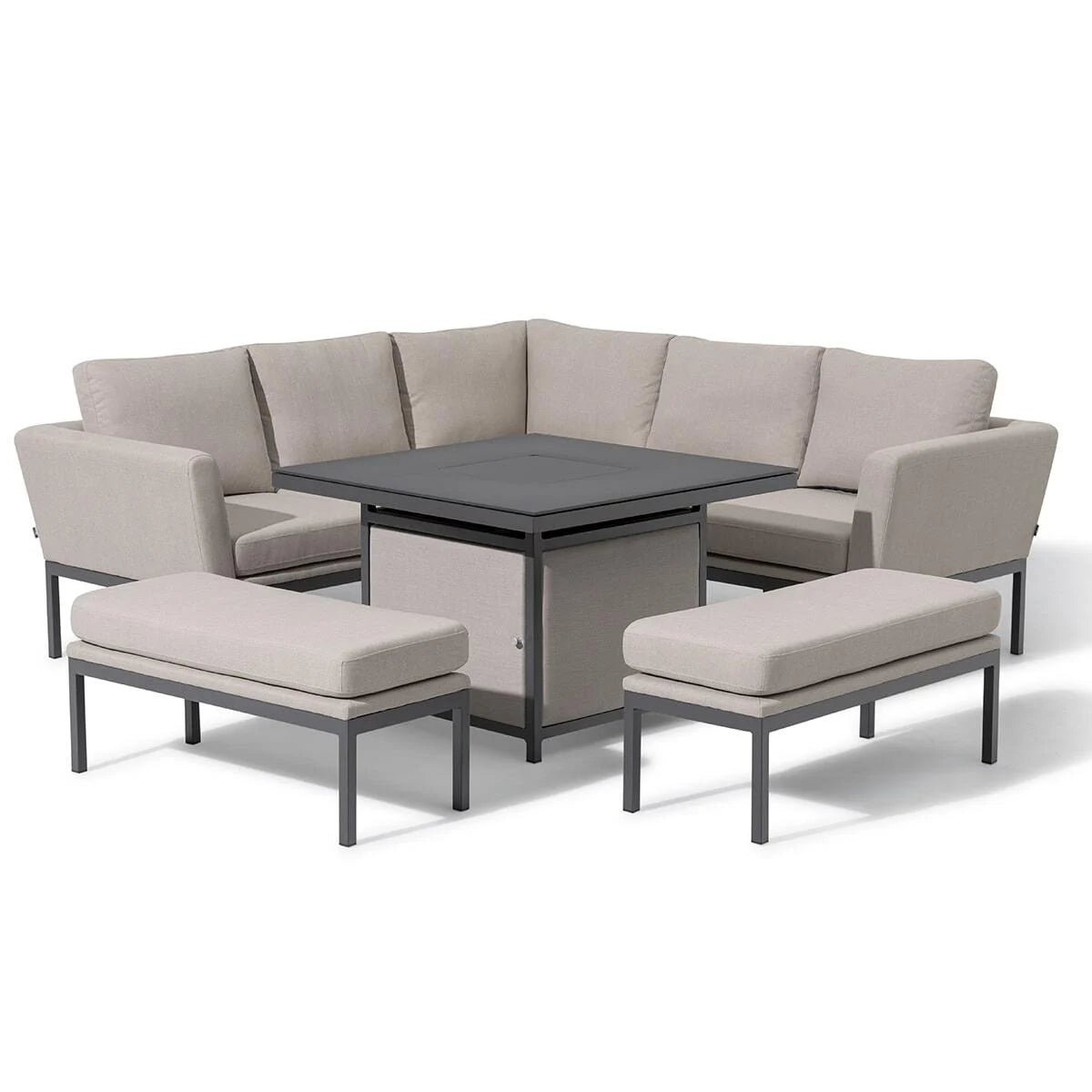 Maze - Outdoor Fabric Pulse Square Corner Dining Set with Fire Pit Table - Oatmeal - Blythe Living