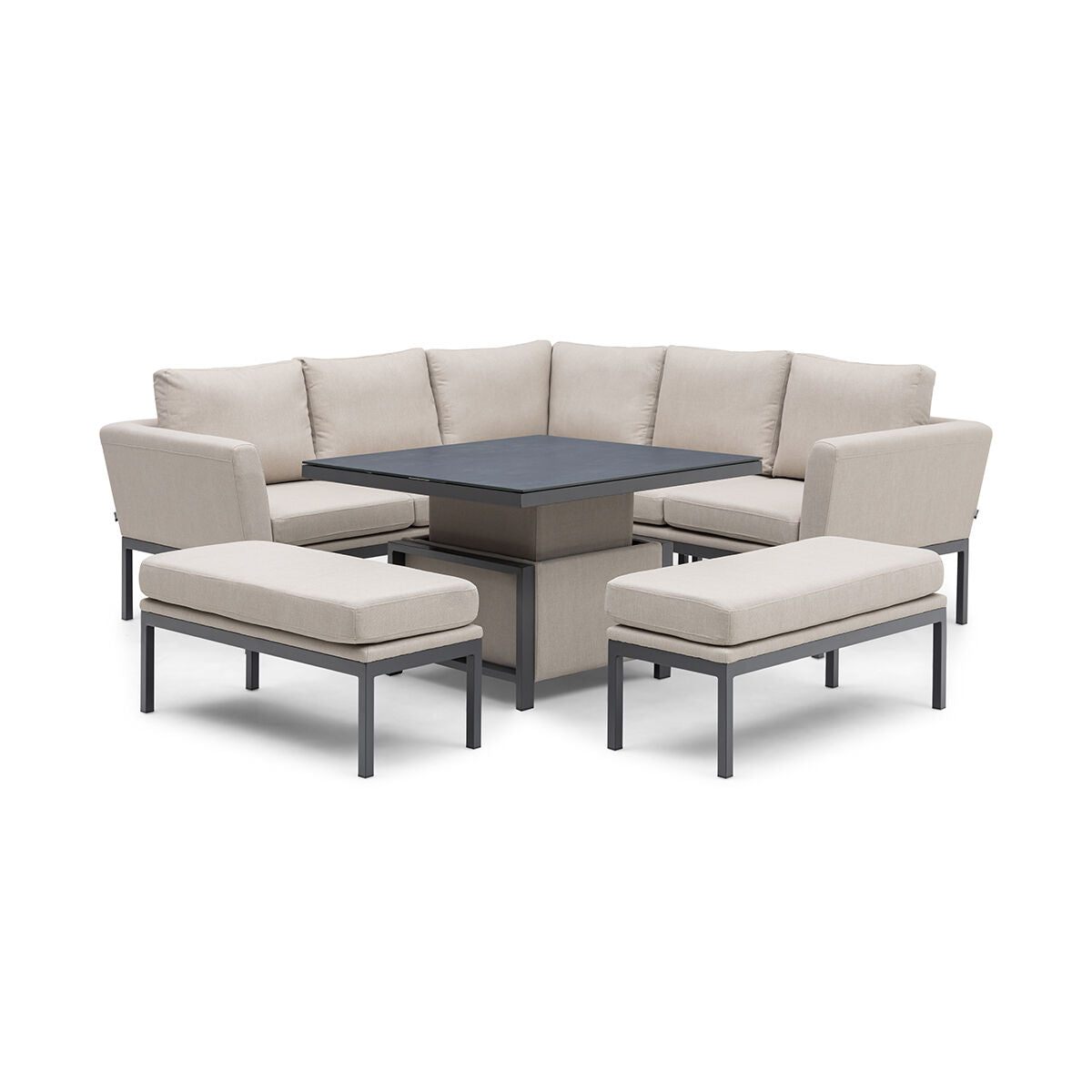 Maze - Outdoor Fabric Pulse Square Corner Dining Set with Rising Table - Oatmeal - Blythe Living