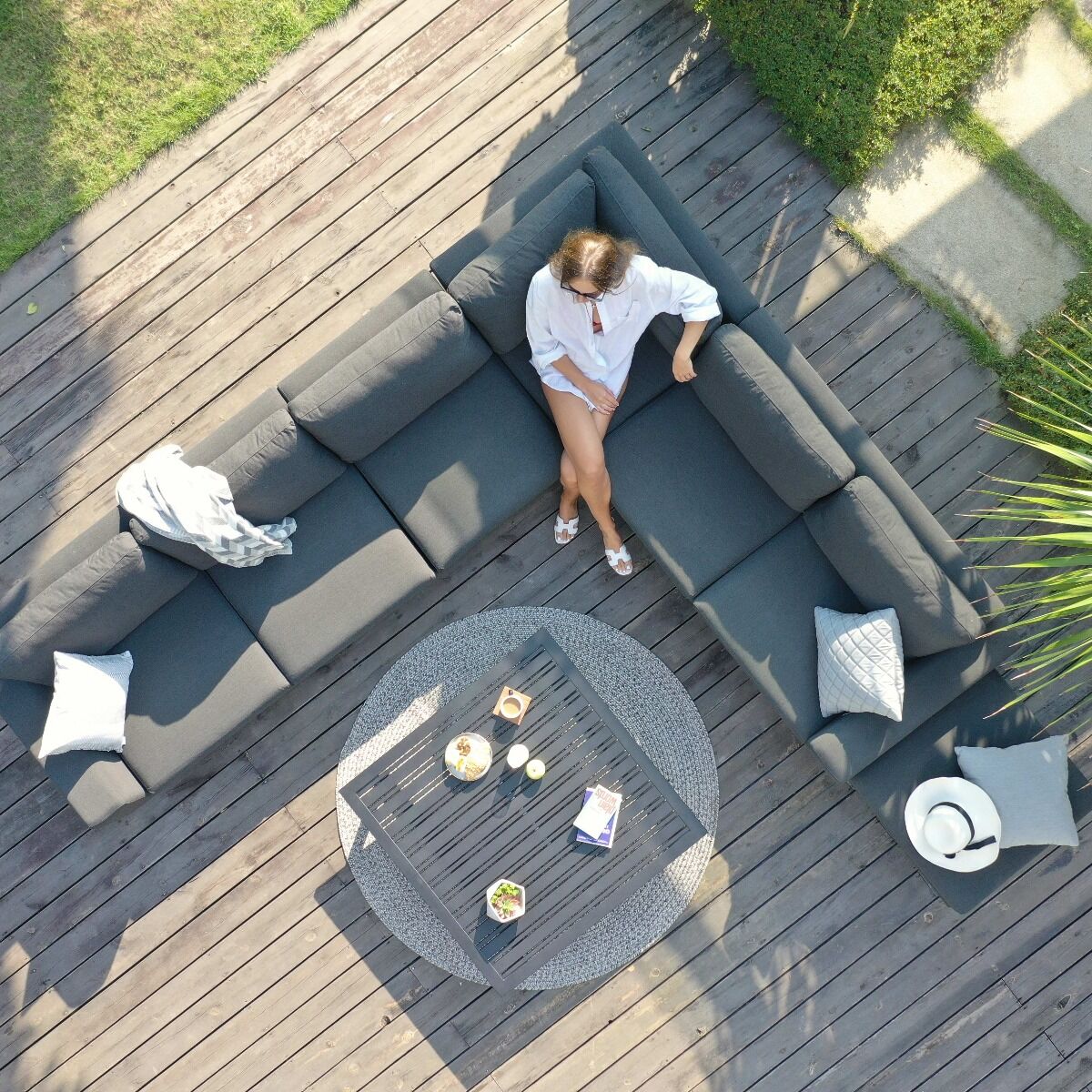Maze - Outdoor Fabric Ethos Large Corner Group - Flanelle Grey With Square Coffee Table - Blythe Living