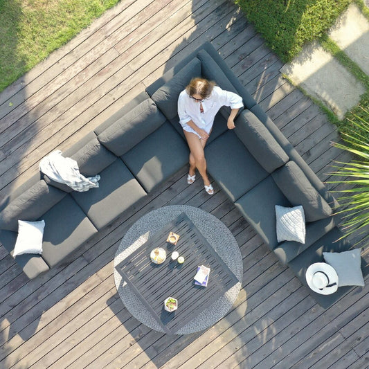 Maze - Outdoor Fabric Ethos Large Corner Group - Flanelle Grey With Square Coffee Table - Blythe Living