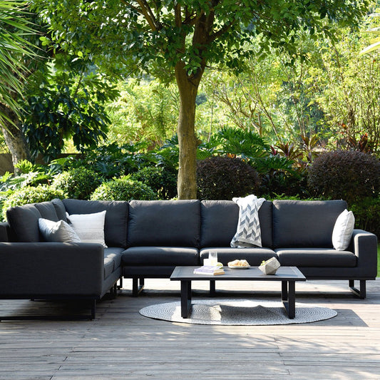 Maze - Outdoor Fabric Ethos Large Corner Group - Charcoal With Square Coffee Table - Blythe Living