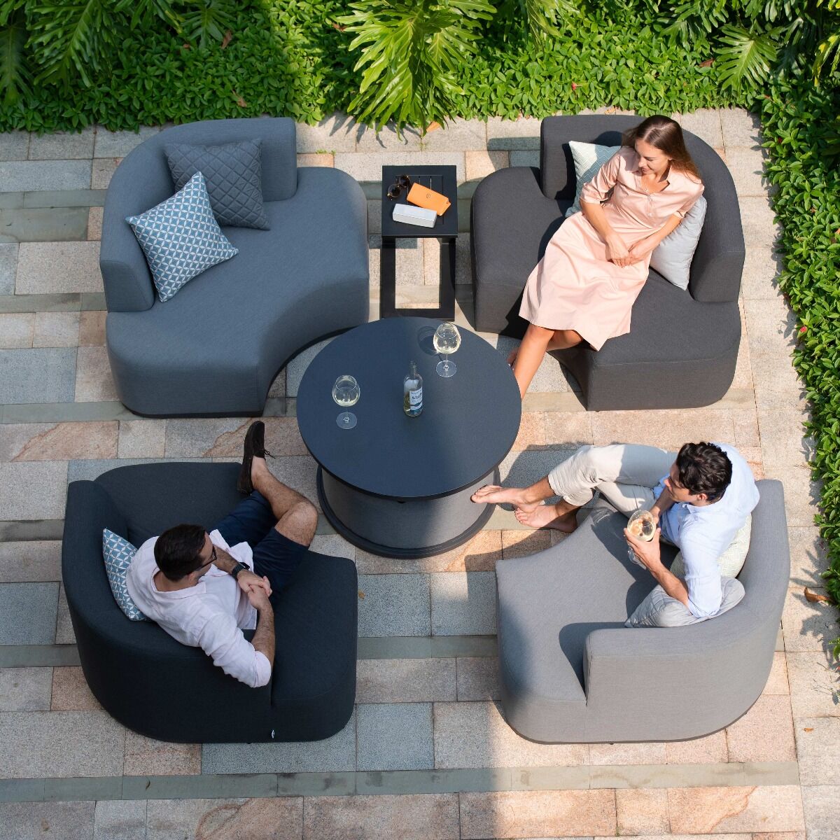 Maze - Outdoor Fabric Snug Lifestyle Suite with Rising Table - Flanelle & Charcoal - Blythe Living