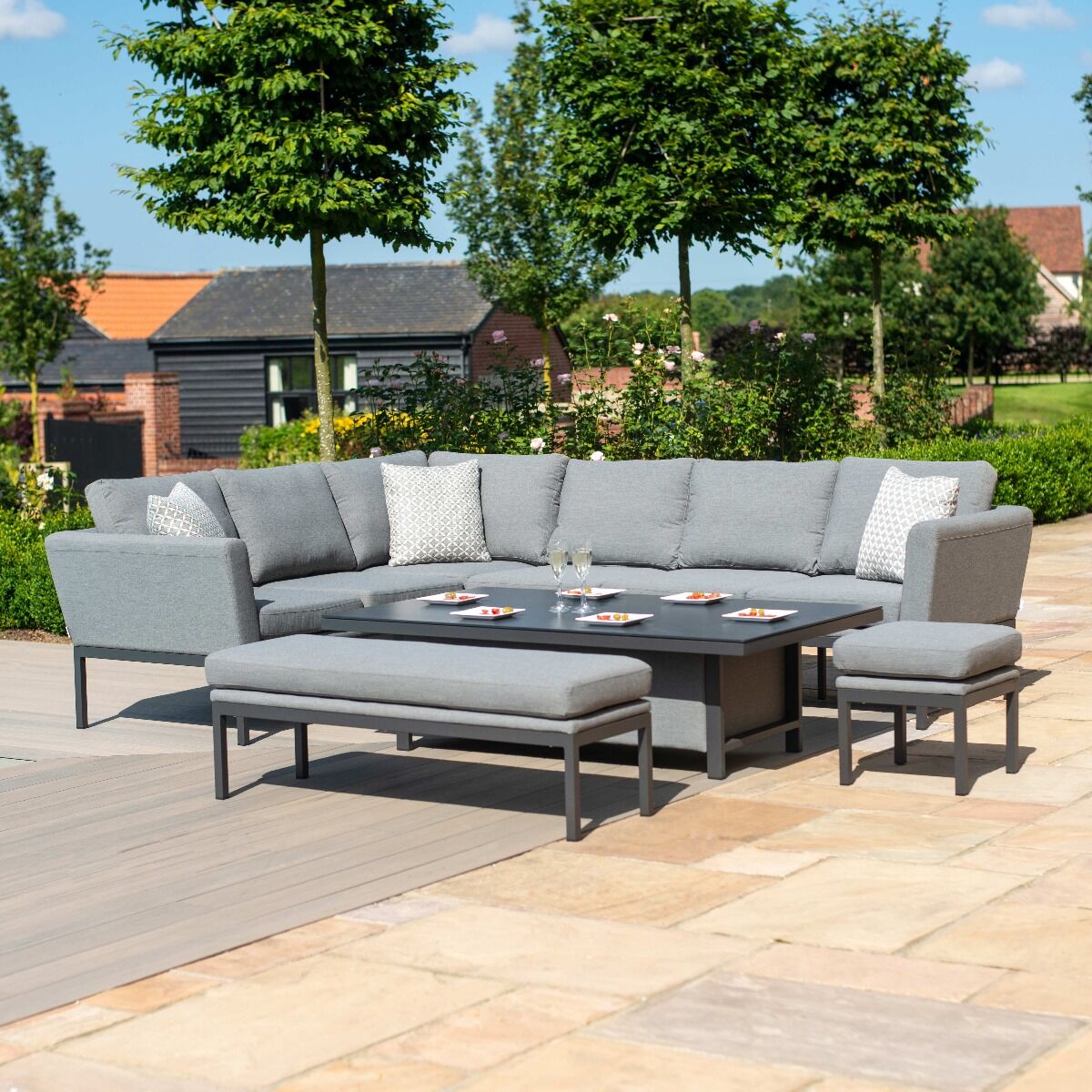 Maze - Outdoor Fabric Pulse Rectangular Corner Dining Set with Rising Table - Flanelle - Blythe Living