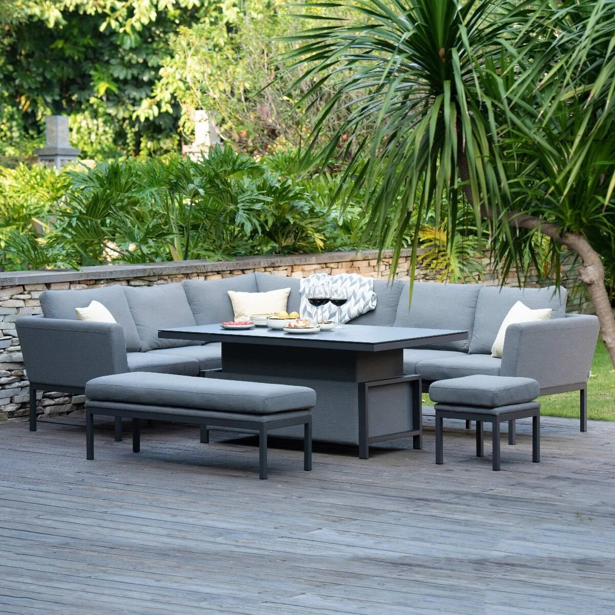 Maze - Outdoor Fabric Pulse Rectangular Corner Dining Set with Rising Table - Flanelle - Blythe Living