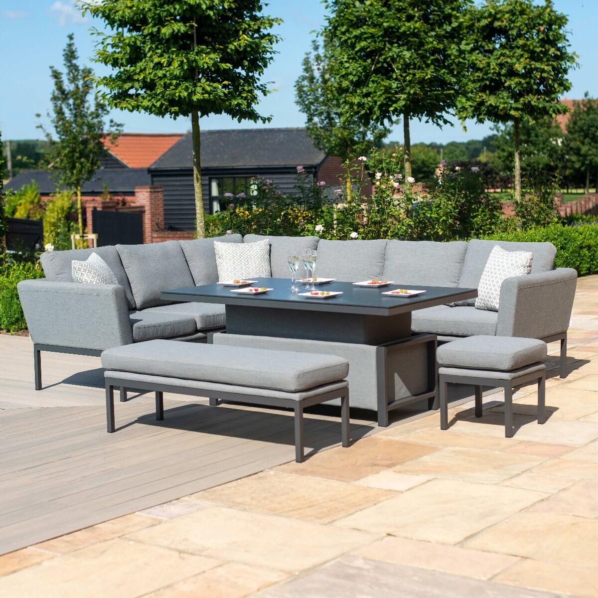 Maze - Outdoor Fabric Pulse Rectangular Corner Dining Set with Rising Table - Flanelle - Blythe Living