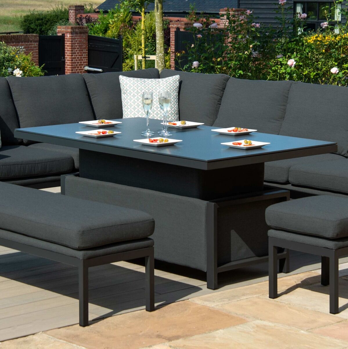 Maze - Outdoor Fabric Pulse Rectangular Corner Dining Set with Rising Table - Charcoal - Blythe Living