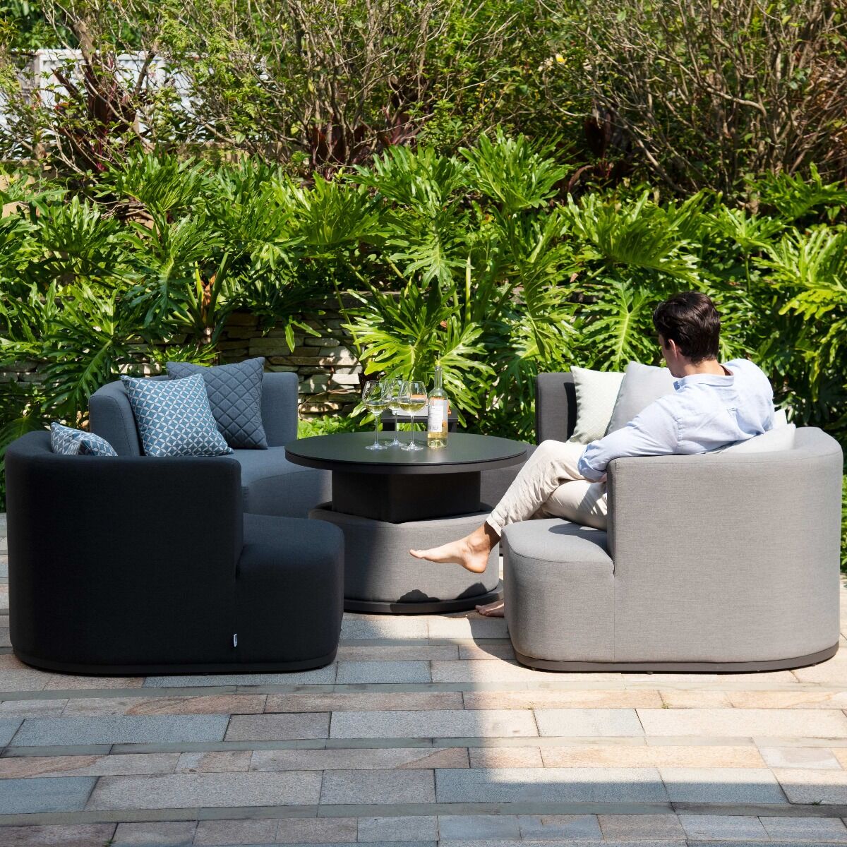 Maze - Outdoor Fabric Snug Lifestyle Suite with Rising Table - Flanelle & Charcoal - Blythe Living
