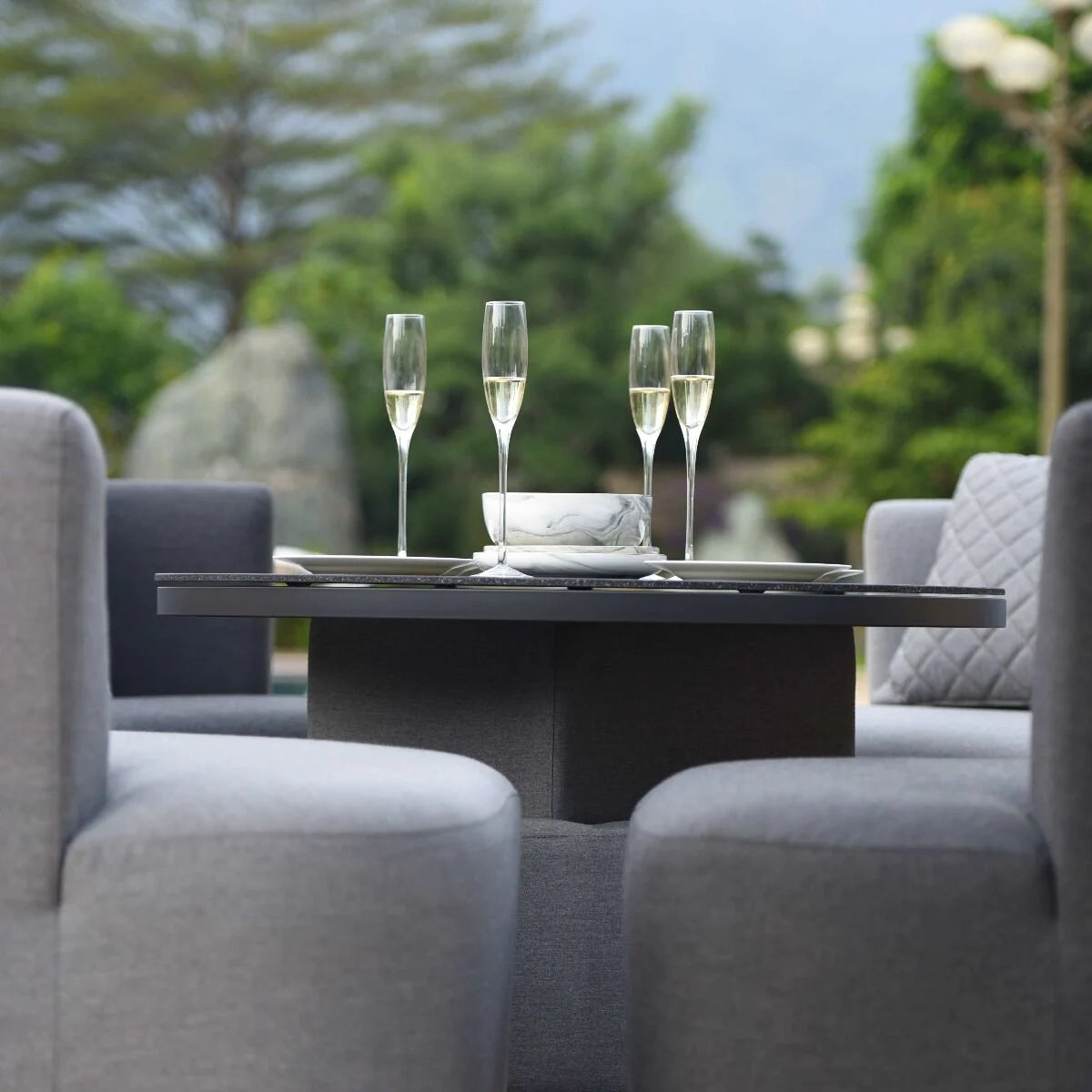 Maze - Outdoor Fabric Snug Lifestyle Suite with Rising Table - Flanelle & Charcoal - Blythe Living